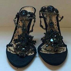 Marchesa Navy Krista Jeweled Heel Sandals